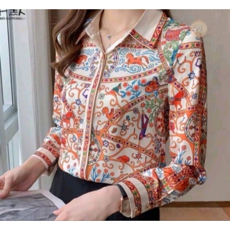 kemeja wanita silk motif kuda orens