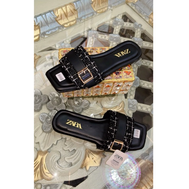 Sandal Selop Zara Flat Sabuk Cantik Rajut Tweet Sandal Wanita Terbaru Kode SM49
