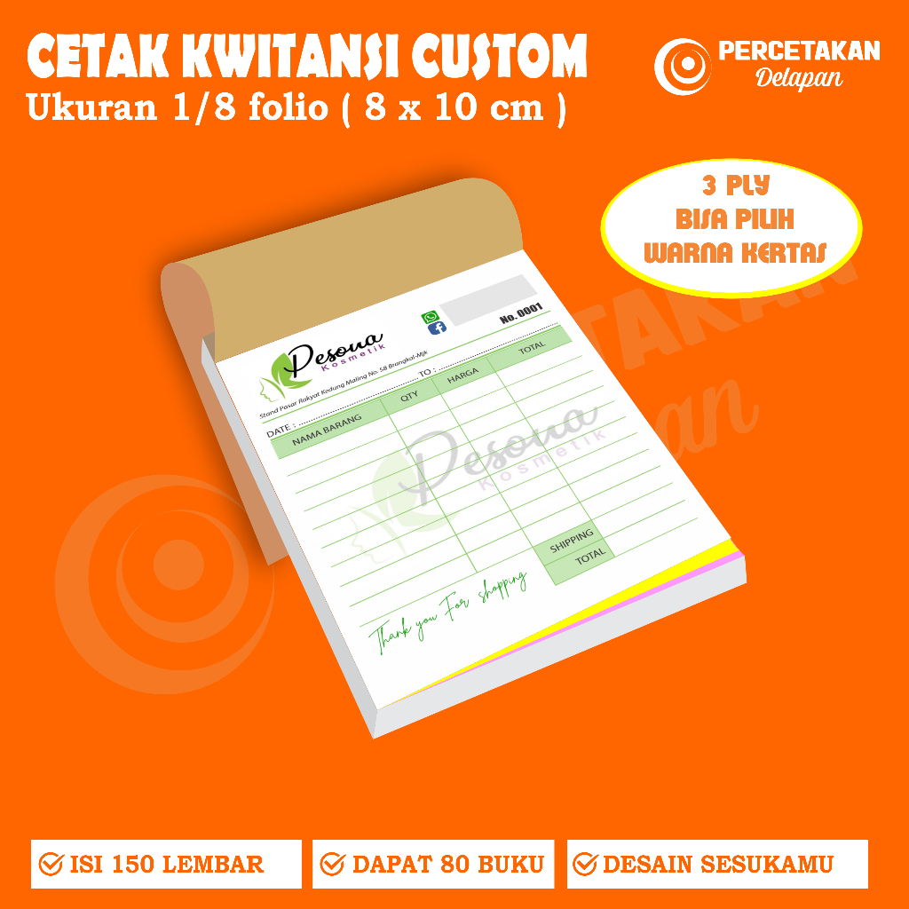 

cetak Kwitansi custom 3 ply 1/8 FOLIO / Paket 80 buku