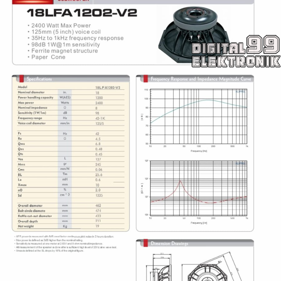 Komponen Speaker 18 Inch HUPER 18LFA1202 | 18LFA1202-V2 | 18LFA1202 V2 Original Harga 1 Pasang