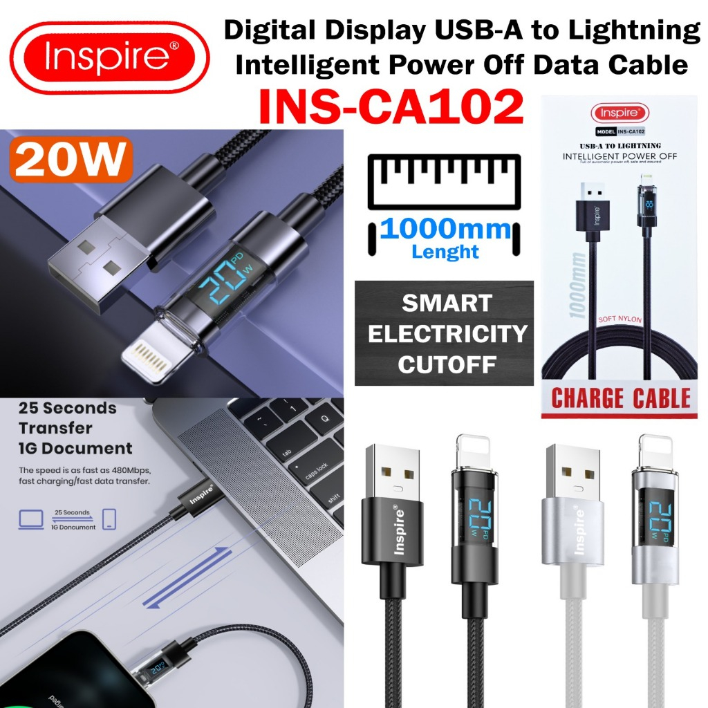 Kabel Data LED Display PD Watt USB C Lightning/USB A Lightning 20W 27W INS-CA102 INS-CA104