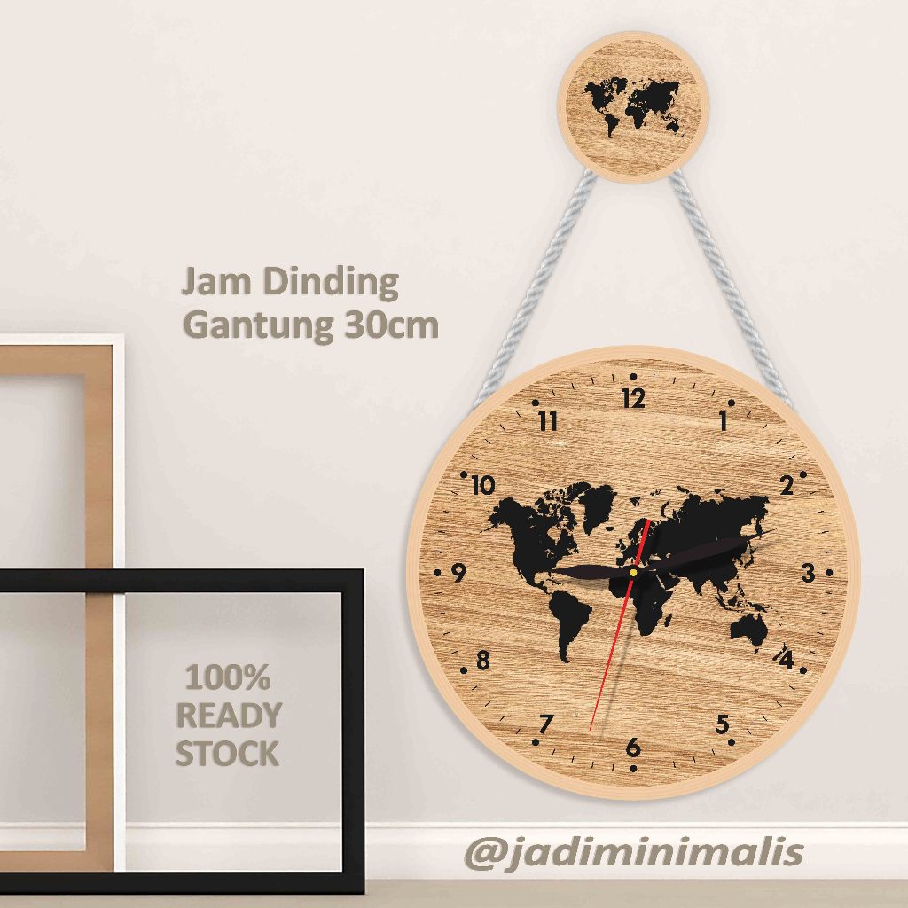 JAM DINDING 30CM GANTUNG KAYU DEKORASI DINDING RUANGAN MINIMALIS DESIGN PETA INDONESIA & PETA DUNIA