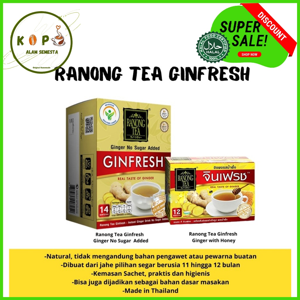 

Ranong Tea Instant Ginger Drink No Sugar Added 14 Sachet x 70gr Teh Jahe