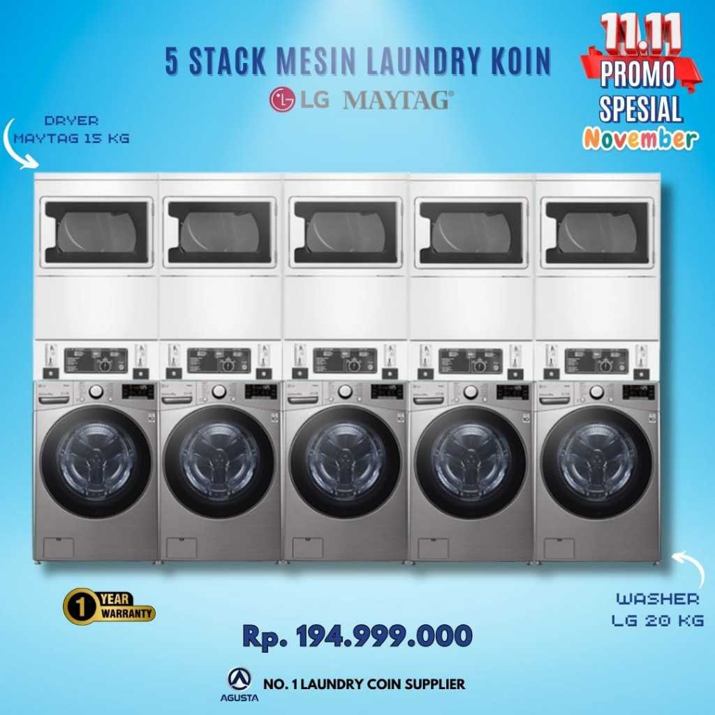 Paket Mesin Laundry Coin 5 Set Mesin Cuci LG 20 kg & Mesin Pengering Maytag 15 kg + Instalasi