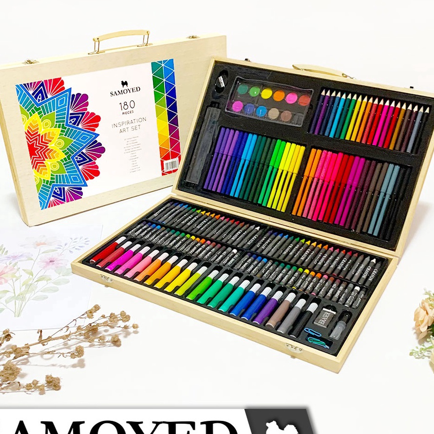 

KP8 Peralatan Gambar Warna Lukis Krayon Spidol Pensil Warna Cat Air Padat Cake Blocks Solid Kotak Koper Kayu Inspiration Art Set Samoyed INSS18