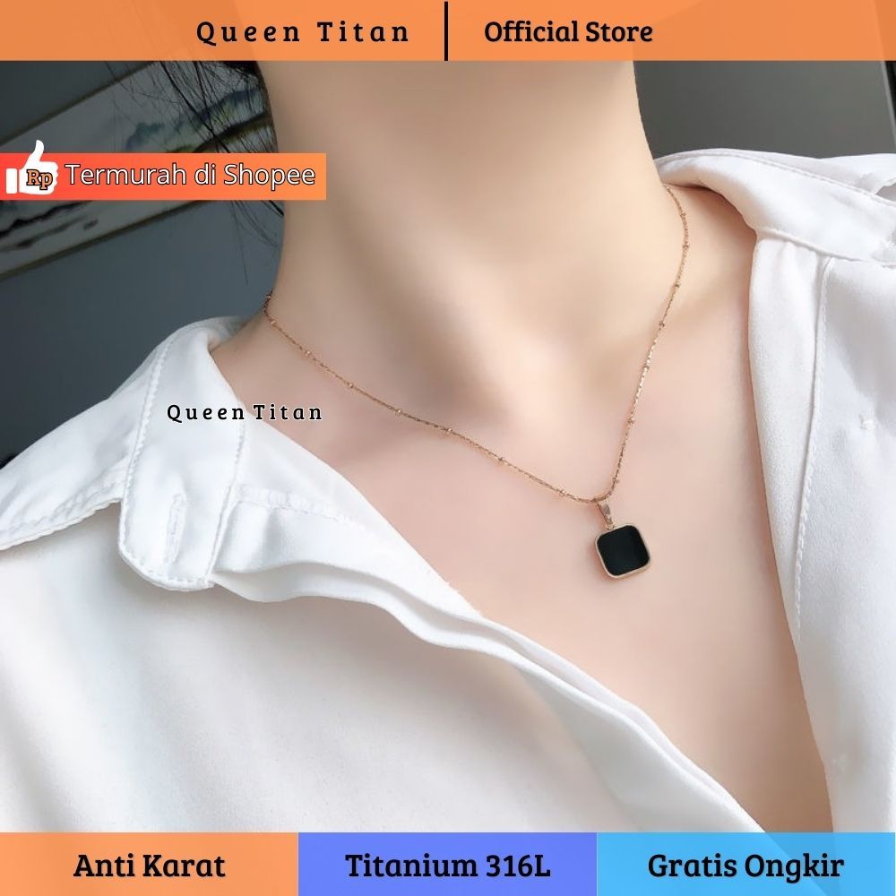 Kalung Wanita Cewek TItanium Korea Anti Karat Liontin Cewe Bandul Kotak Hitam Mewah