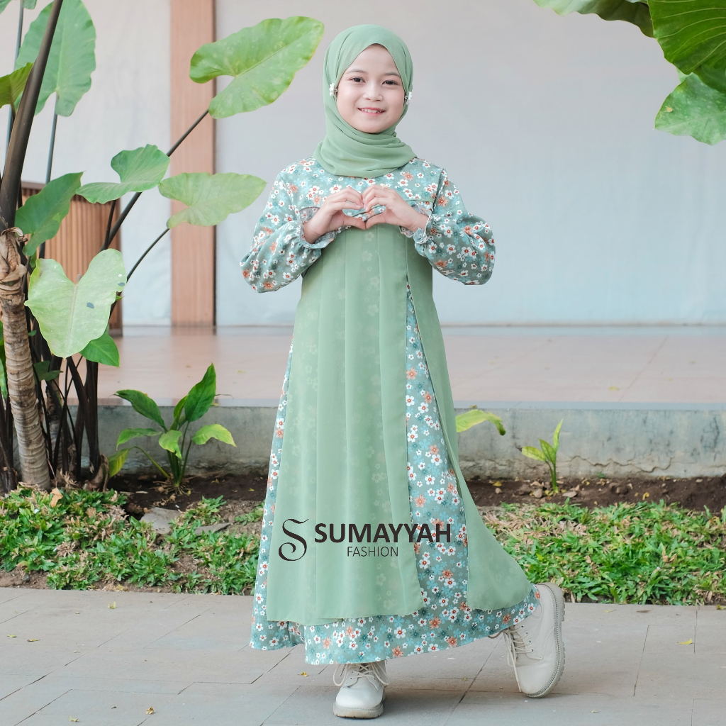 ORIGINAL Sumayyah- Gamis Anak Set Hijab Pashmina Shakila Motif Bunga Mix Ceruty Babydoll Usia 3-10