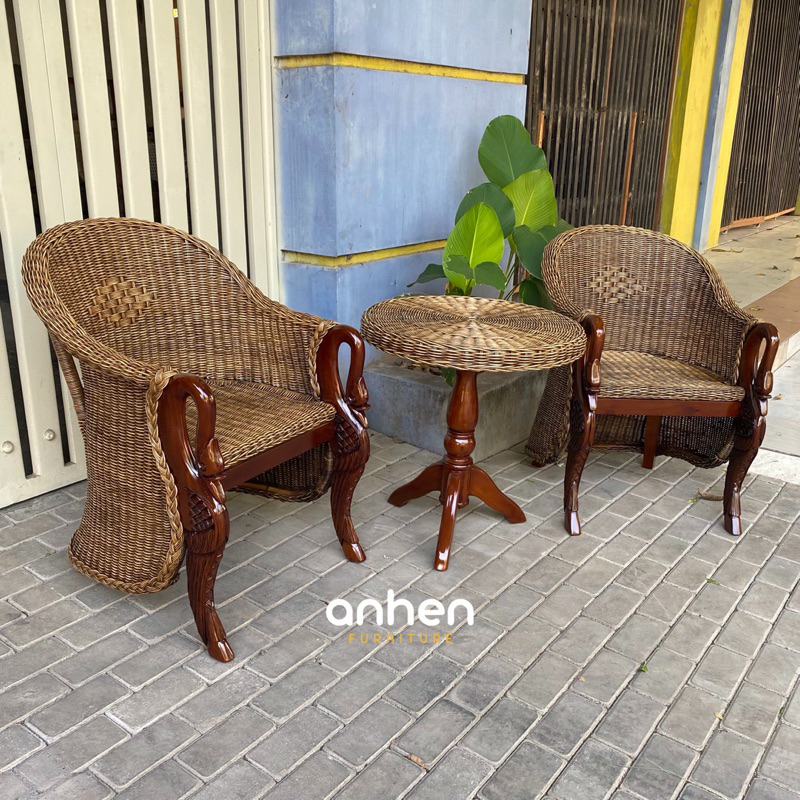 Set Kursi Teras Rotan Kombinasi Ukiran / Kursi Teras Rotan Antik / Kursi Rotan Alam