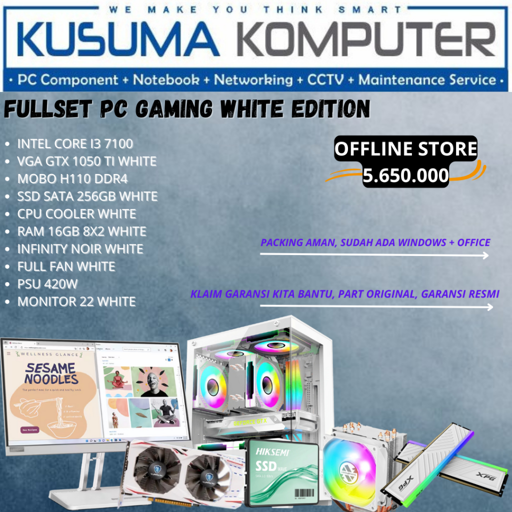 Full set PC Gaming Putih intel Core i3 7100 VGA GTX 1050 TI RAM 16GB DDR4