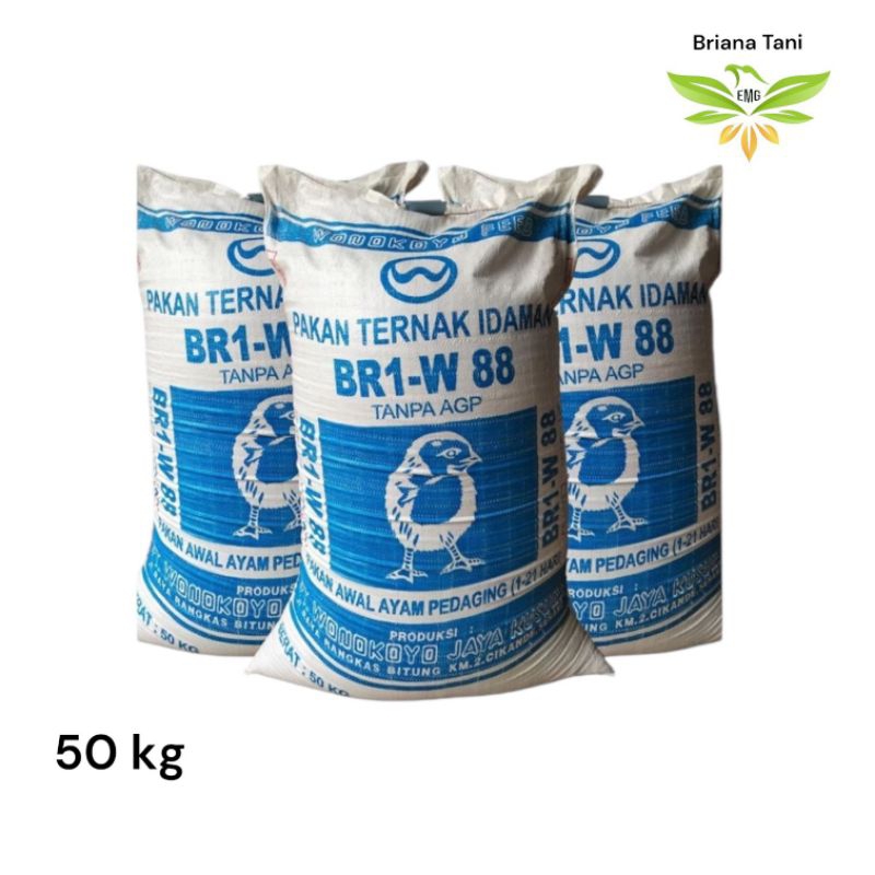 ￼Karungan 50 kg BR1- W 88 Pakan Awal Ayam Pedaging 1-21 Hari BR1 W 88 Tanpa AGP WONOKOYO JAYA KUSUMA