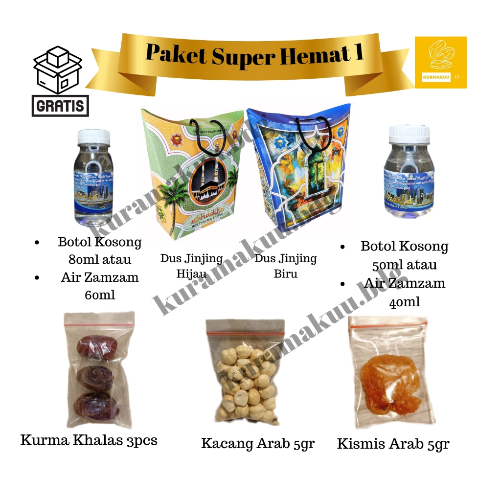 

PAKET OLEH OLEH HAJI DAN UMROH SUPER HEMAT isi air zamzam / botol kosong kemasan dus tali + coklat arab + kacang arab + coklat kerikil