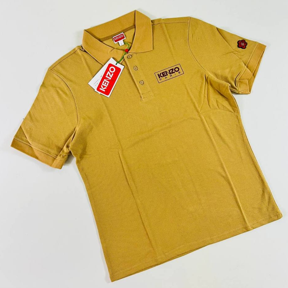 Kenzo Paris Box Logo/Boke Flower Embroidered Sleeve Beige Polo T-Shirt - 100% ORIGINAL