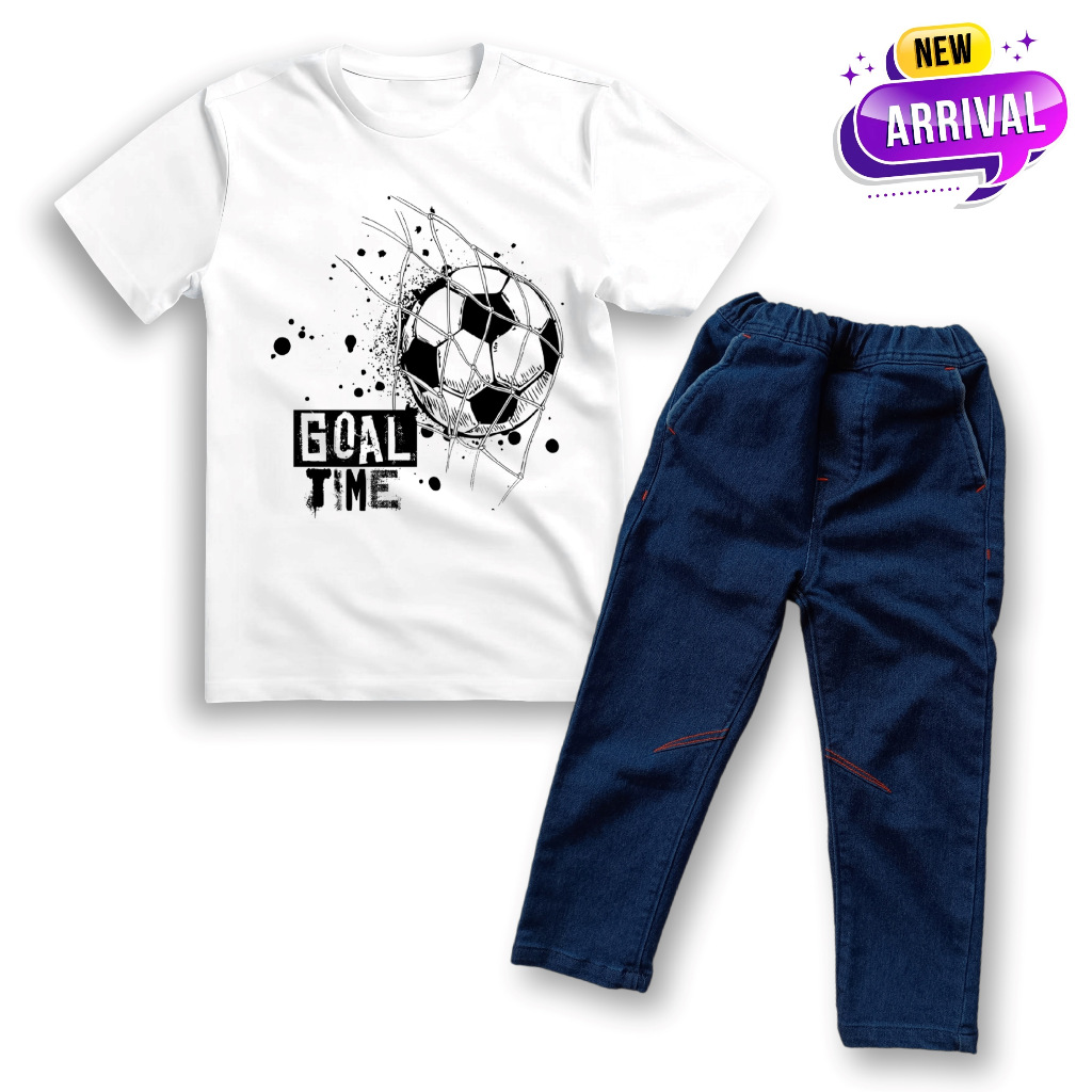 Setelan Celana Jeans Panjang Anak Laki Laki Kaos Distro Anak Umur 3-14 Tahun