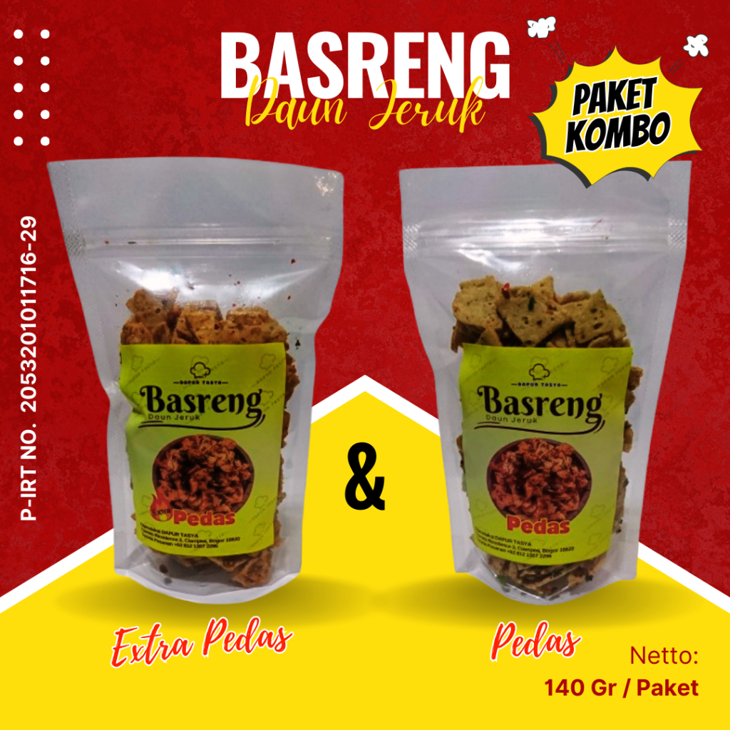 

Basreng Daun Jeruk Paket Kombo Rasa Extra Pedas & Pedas Ukuran 70 Gram