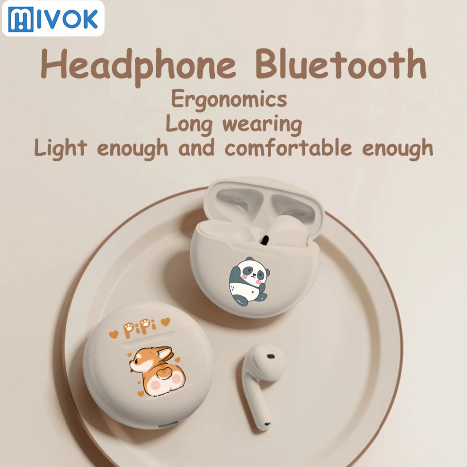 KODE O5F4 MIVOK J6 TWS Krem Headphone Bluetooth Headset Bluetooth Nirkabel Headphone Kartun Kontrol 