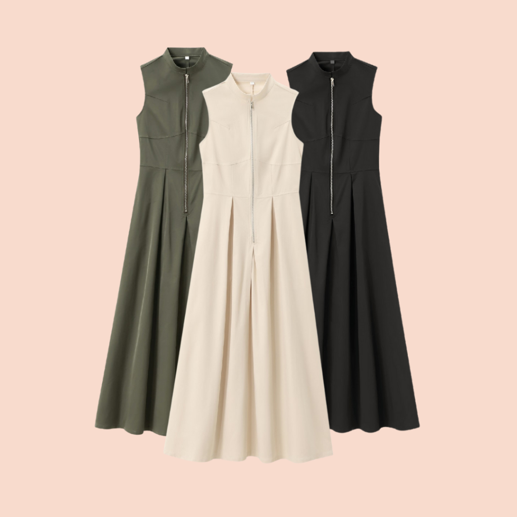 Midi Dress Wanita Polos Tanpa Lengan Sleeveless Korean Zipper Dress