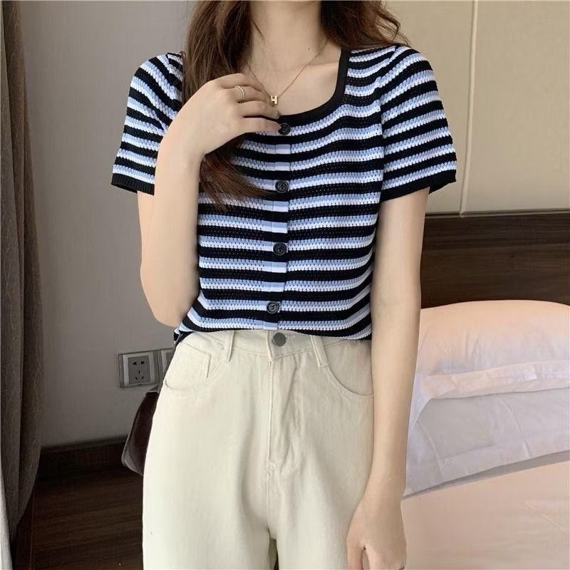 Baju atasan wanita lengan pendek motif kancing || top crop salur import || top import