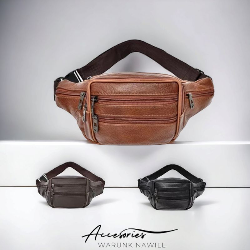 TAS PINGGANG PRIA UKURAN BESAR KULIT SAPI ASLI / TAS SELEMPANG FULL KULIT 100% / WAISTBAG LEATHER
