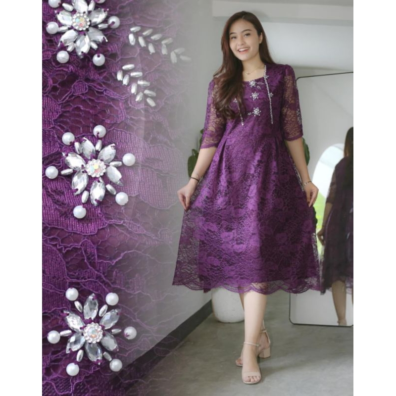 Dress brokat PEVITA full payet || Dress pesta natal super mewah lengan pendek || dress kondangan ele