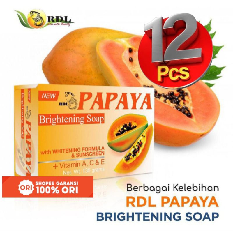 GROSIR 12 PCS / PER LUSIN - SABUN PAPAYA RDL BRIGHTENING SOAP 100% ORIGINAL 135 GRAM BPOM RESMI