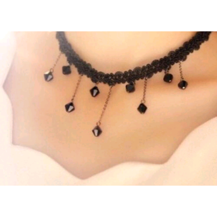 Choker Kalung Hitam Bandul Manik Gantung Necklace Korea Coker Pesta Bib