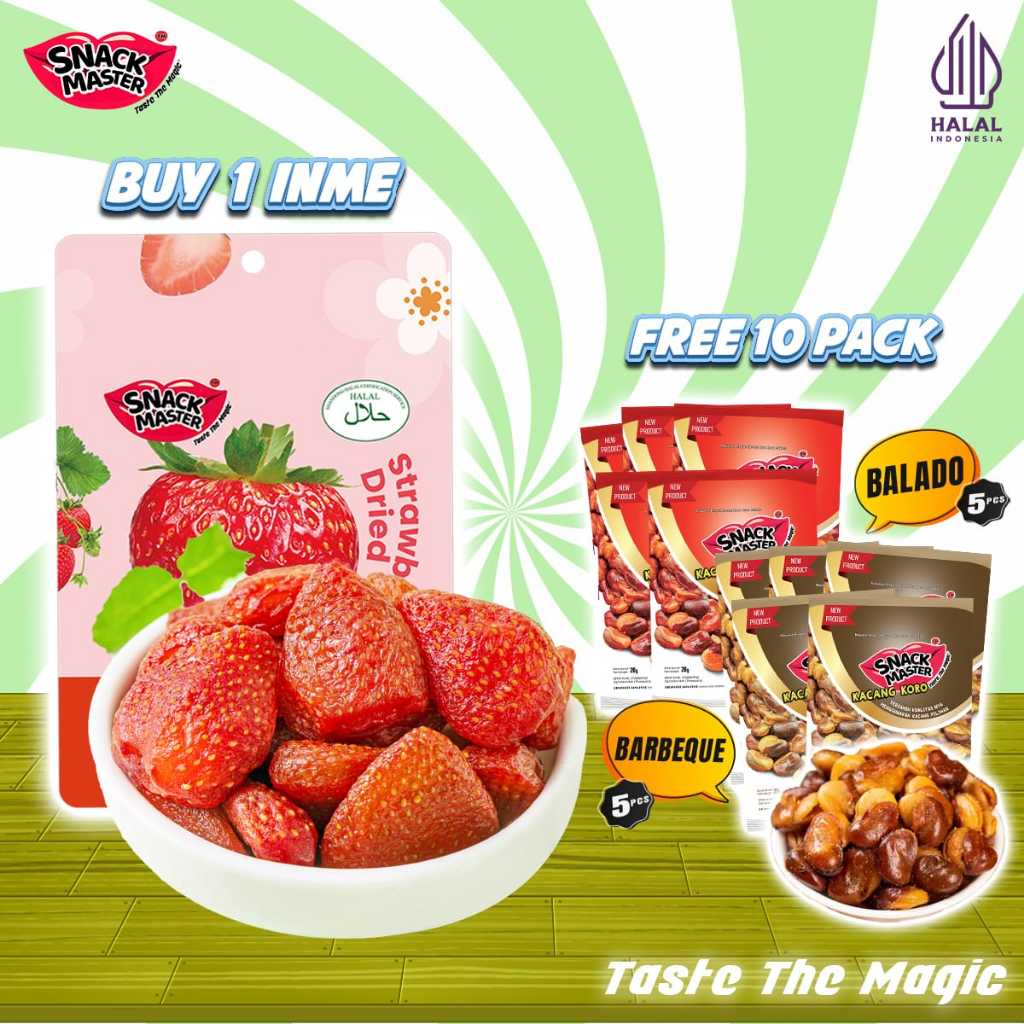 

BUY 1 GET 10 INMEI Stroberri Manisan Buah FREE kacang koro 10 pcs mix CAMILAN SNACK MASTER