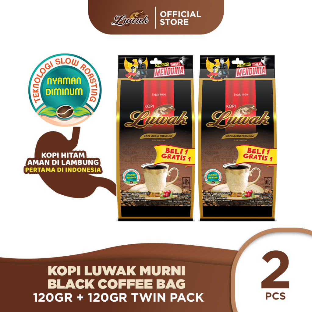 

KOPI LUWAK MURNI Black Coffee Bag 120 gr + 120 gr - Beli 1 Gratis 1