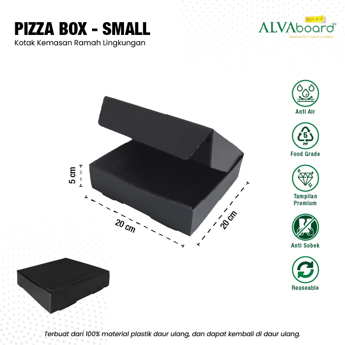 

Kardus Packaging ALVAboard Box Pizza Food Grade Small Ukuran 20x20x5 cm (P x L x T) Bundling Isi Per 5 Pcs