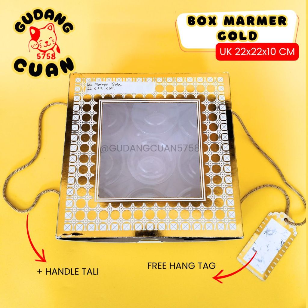 

BOX MIKA HAMPERS GOLD / Paper Box Hampers / Dos Marmer Mika Tali dan Hangtag / Kardus Kotak Uk 22x22x10cm
