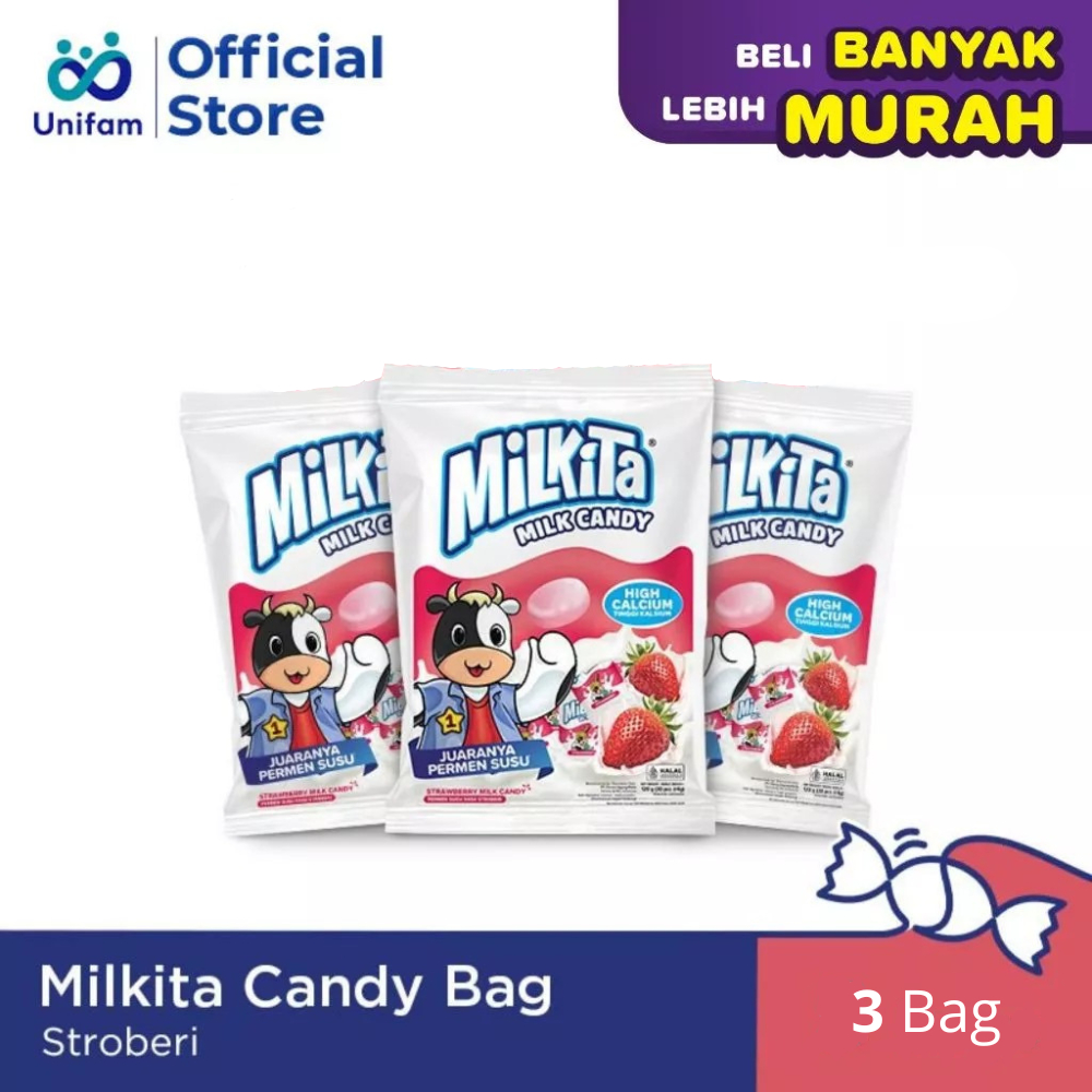 

Milkita Permen Susu Strawberry 3 Bag - (Isi 30Pcs) @4 Gram