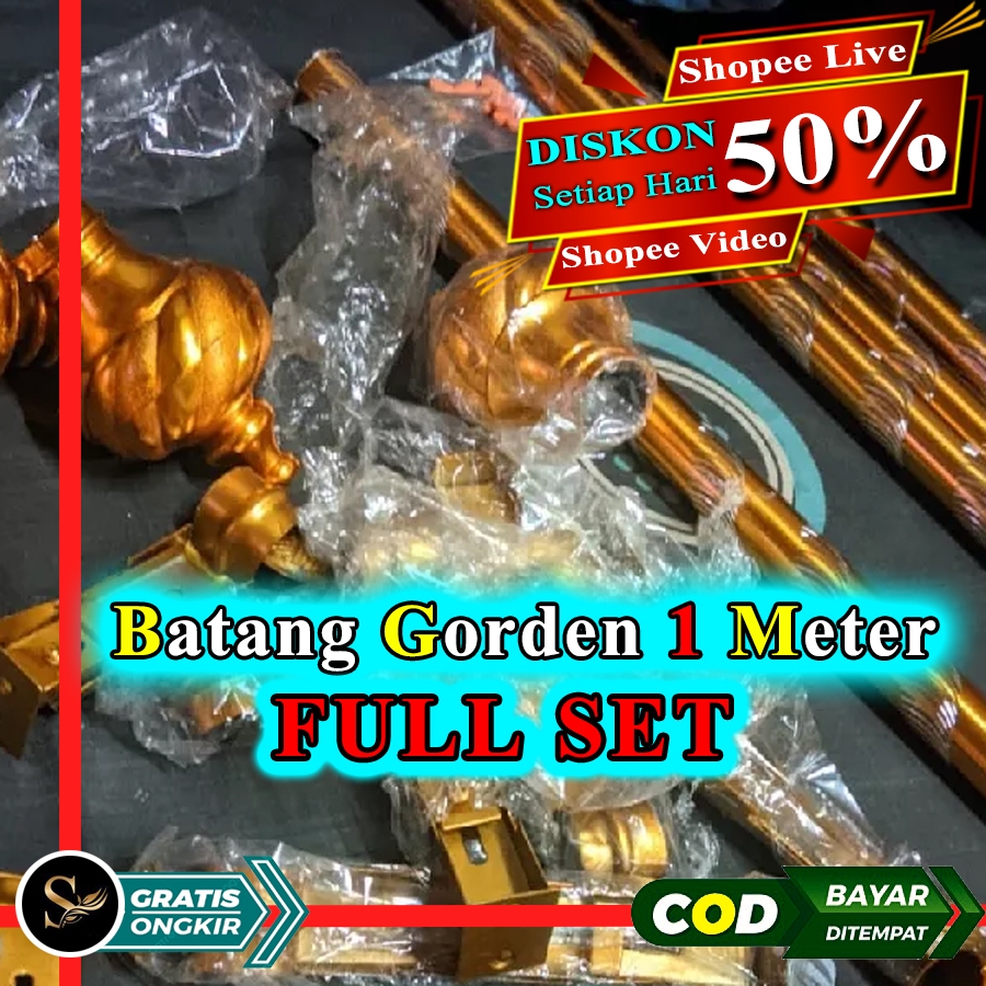 Batang Gorden Aesthetic 1 Meter Full Set Murah Tiang Besi Hordeng Gold Jendela Kamar 100cm Komplit T