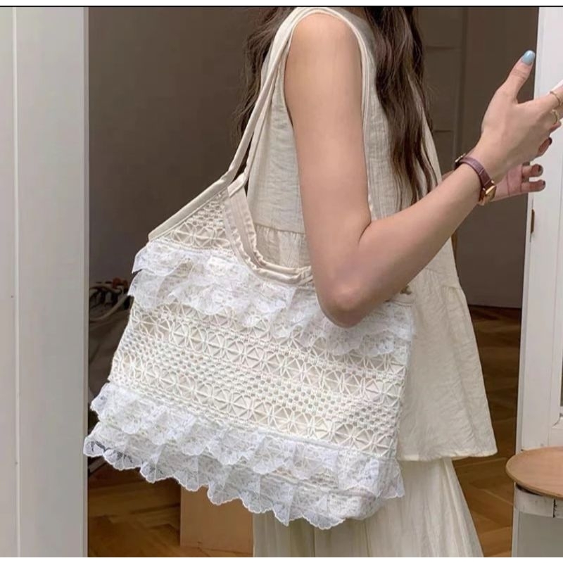 Tas Bahu Wanita Liburan Pantai Tas Cewek Renda Rumbai Polyster Tas Bahu Shoulder Bag GD 8210
