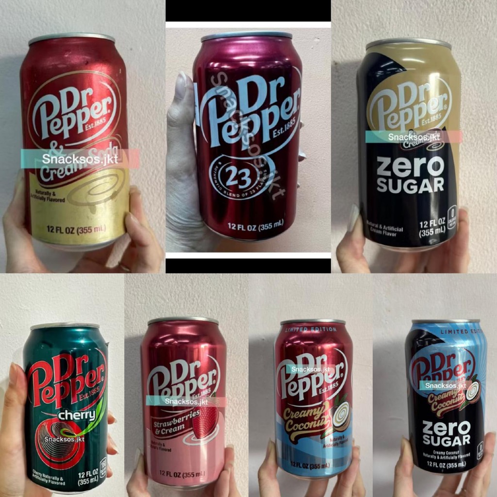 

DR PEPPER ORIGINAL / CHERRY / CREAM SODA / STRAWBERRY AND CREAM / ZERO SUGAR / CCOCONUT - USA AUTHENTIC BLEND OF 23 FLAVORS COCA COLA