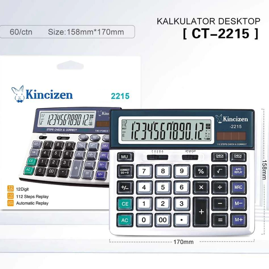 

Kincizen kalkulator KC-2215 calculator 12 digit dual power Baterai dan surya Meja dagang Menghitung Sekolah Check Cek ulang Tombol Mika Transparan Terbaru Termurah
