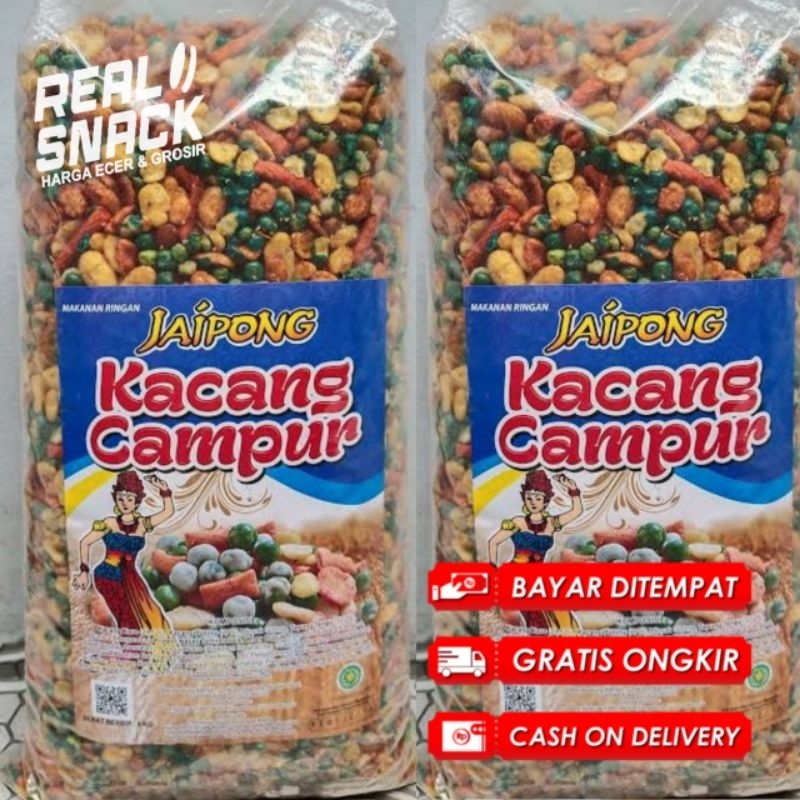 

Kacang Campur Jaipong Kombinasi Rasa Asin Manis Pedas kemasan 1 bal isi 4kg