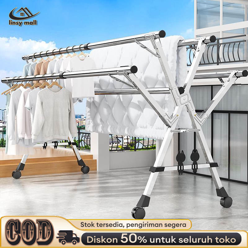 Jemuran Baju Lipat 5 Tiang Dengan Roda Jemuran Baju Lipat Stainless Steel Jemuran Pakaian
