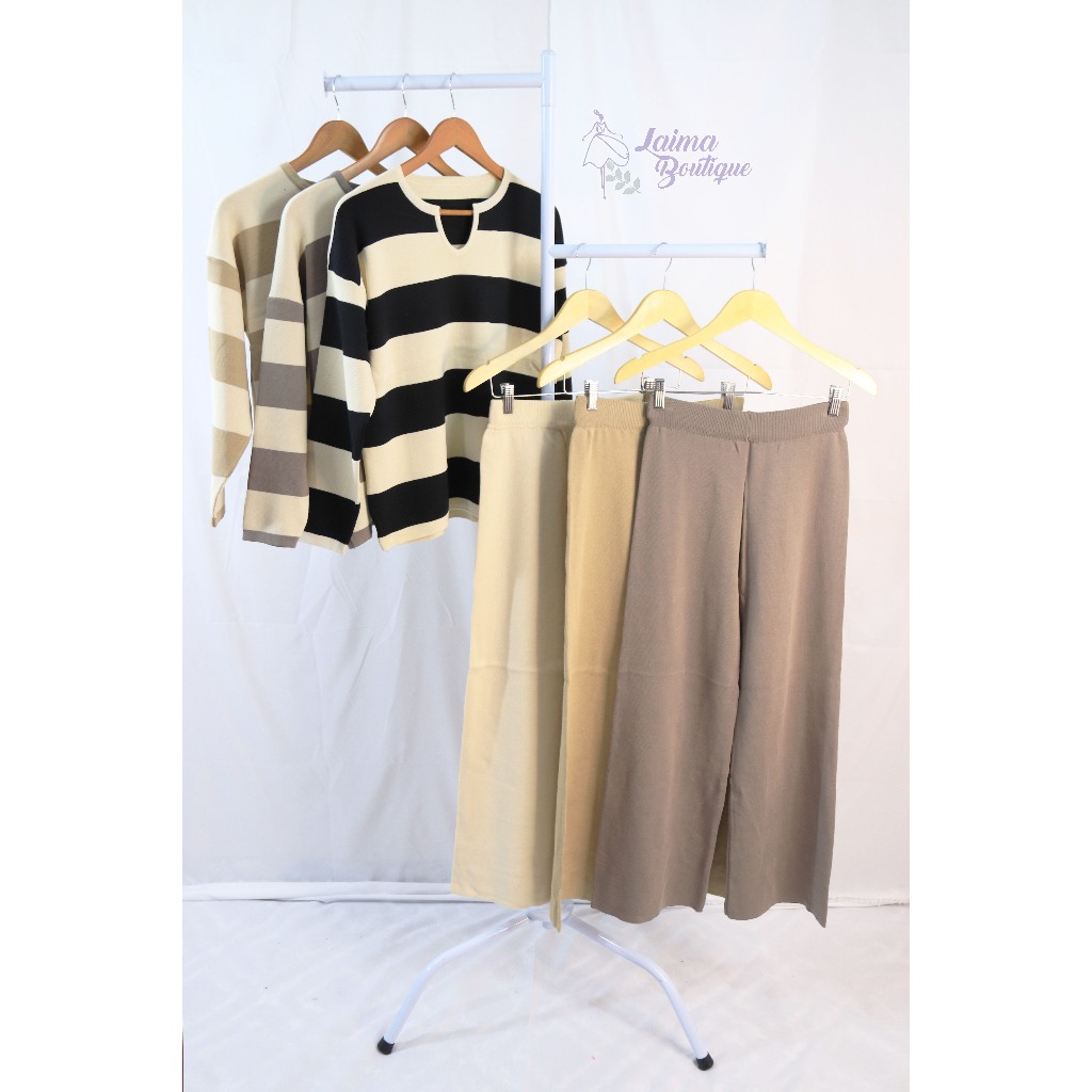 LAIMABOUTIQUE One set Friday Stripe Top n Pants Knit Set - One set wanita premium - One set import -