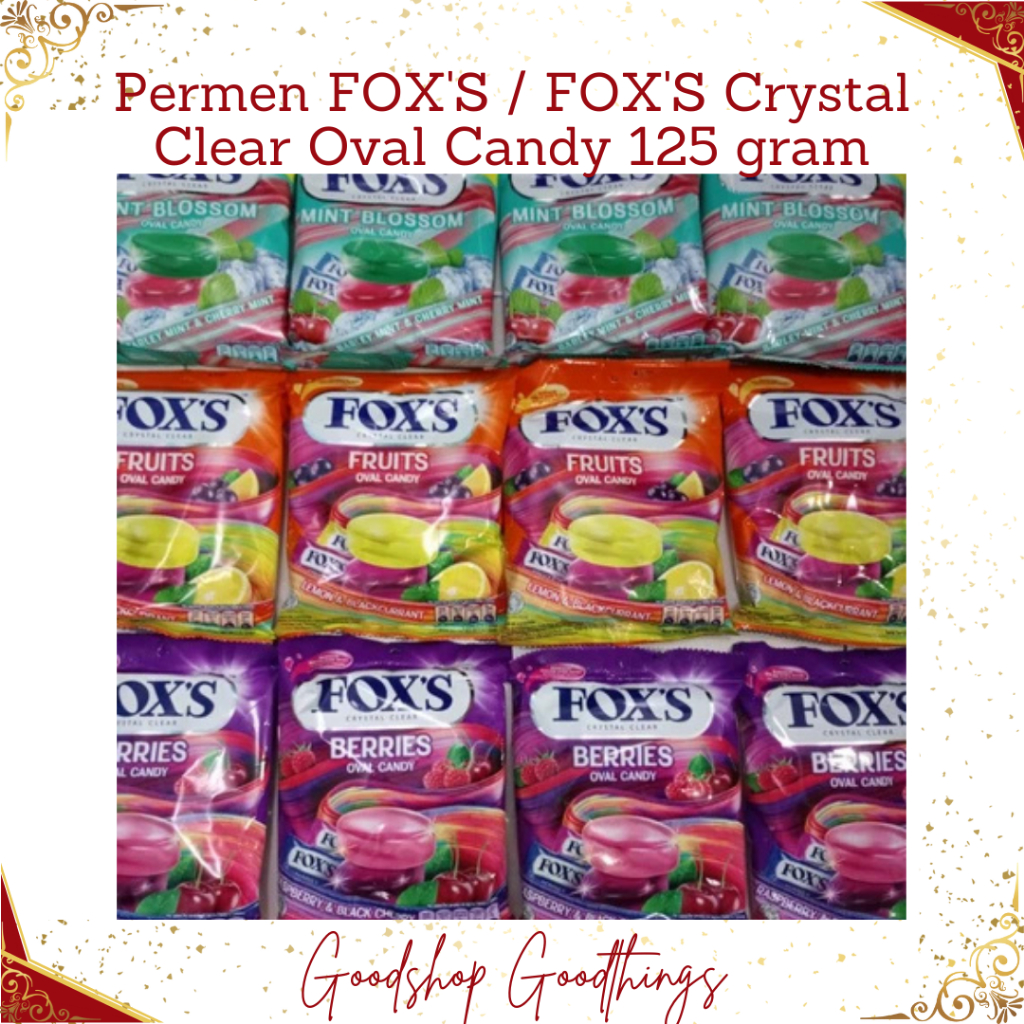 

Permen FOX'S / FOX'S Crystal Clear Varian Fruits, Mint Blossom, Berries Oval Candy 125 gram