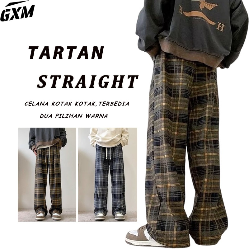 GXM celana kotak-kotak pria hitam Celana Panjang Tartan Pria Cowok Dewasa Chino celana pinggang kare