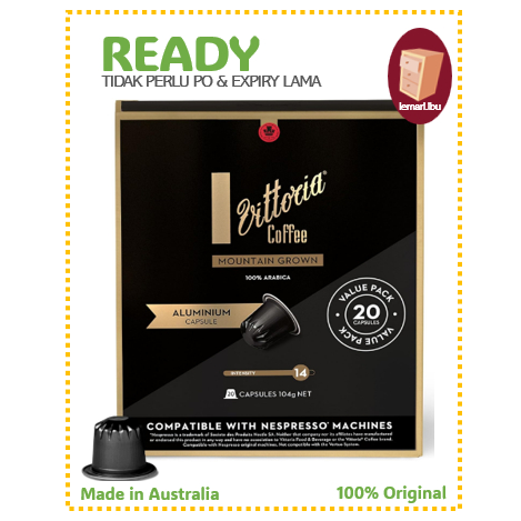 

Vittoria Coffee Mountain Grown 100% Arabica Nespresso Compatible Aluminium Coffee Capsules - 20 Pack Pods/Kapsul Kopi Nespresso 100% ORIGINAL Australia