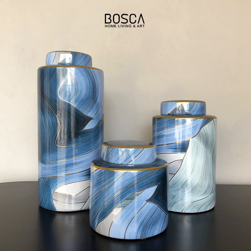 Bosca Living - Blue Symphony Guci Vase / Pajangan Guci Keramik Mewah / Guci Ruang Tamu Living Room T
