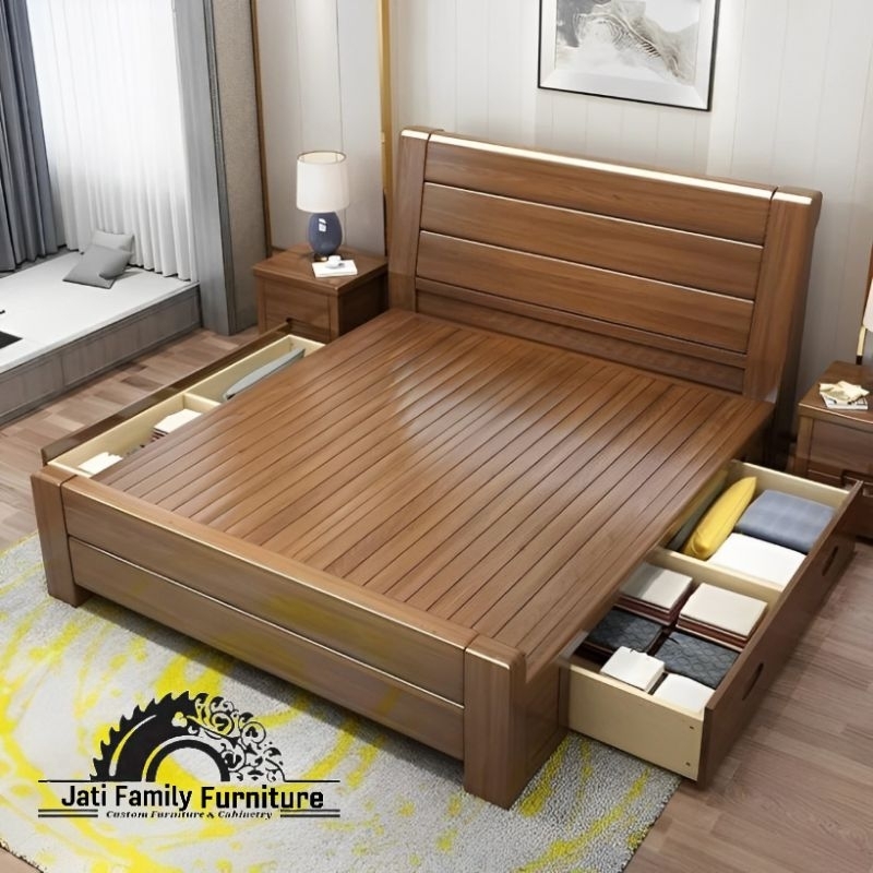 Tempat Tidur/Divan laci + 2 Nakas kayu jati Warna Natural Uk 200 x 160 x 120