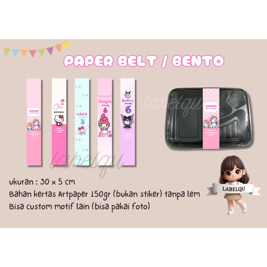 

Bento belt birthday | paperbelt birthday |label ultah | label box nasi |Segel bento Motif Custom