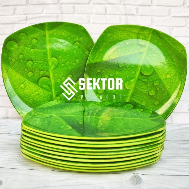 6 PCS Piring Melamin Daun Kotak - Piring Saji Persegi - Piring Ceper Melamin - Piring Motif Daun Mod