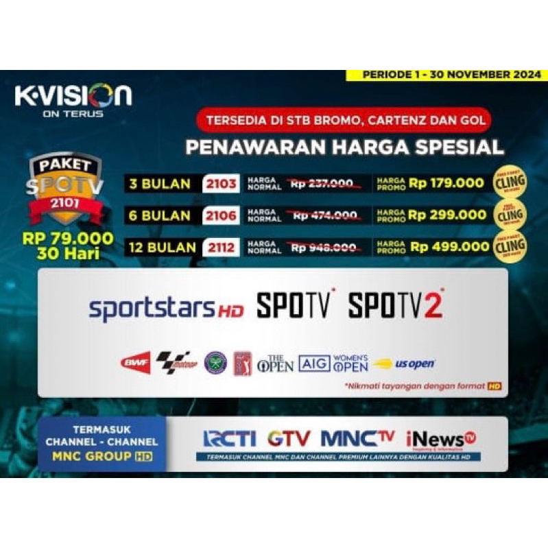 Paket Spot TV K Vision MotoGp,Badminton,Bola 30 Hari Bonus Cling