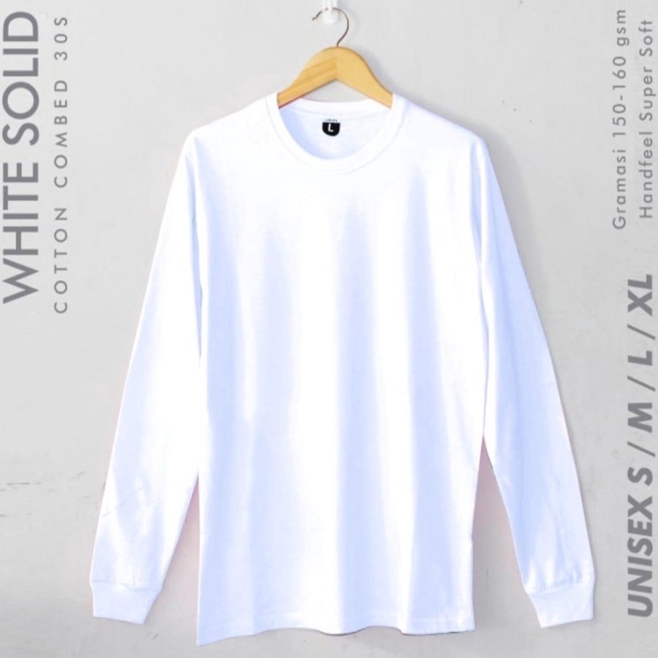 Kaos Polos Lengan Panjang Rib Karet Warna Putih Pria Wanita Cotton Combed 3s S M L XL