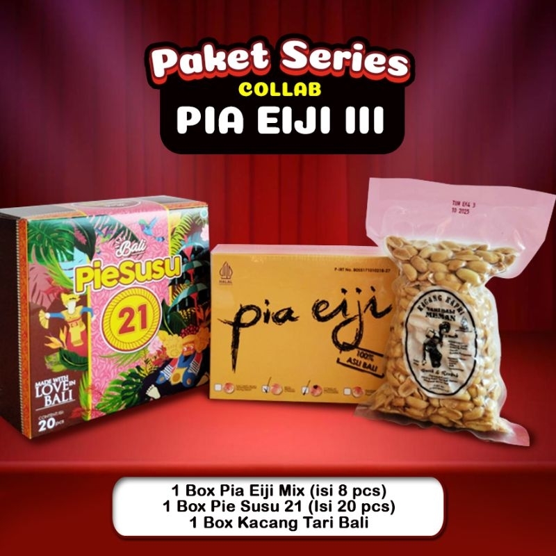 

PAKET HEMAT PIE SUSU 21 ISI 20 PCS+PIA EIJI MIX COKLAT KEJU ISI 8 PCS+KACANG KAPRI-OLEH OLEH CAMILAN KHAS BALI ASLI-ENAK