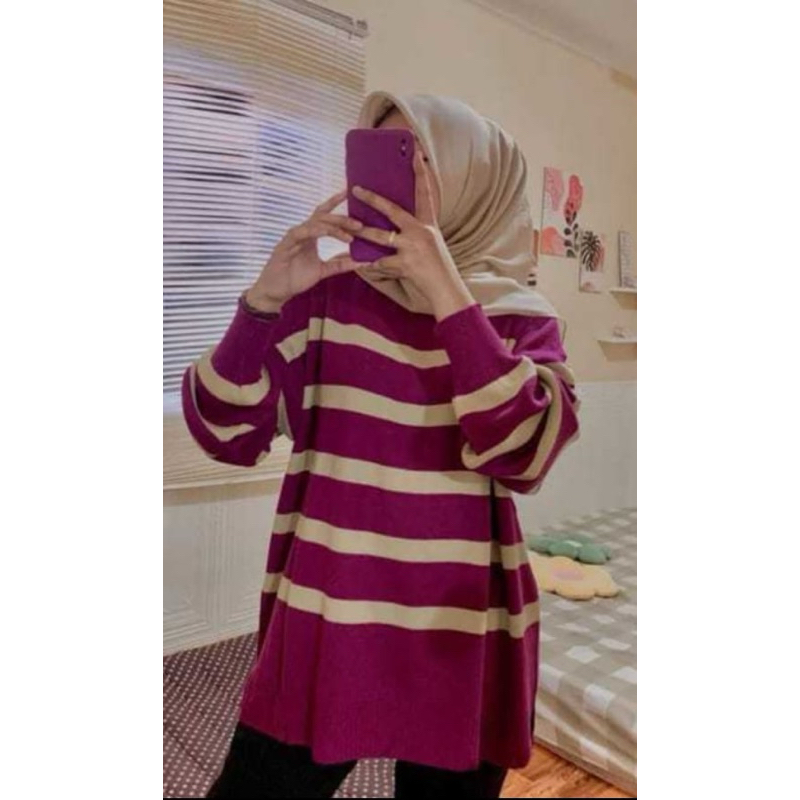 Maudy sweater rajut garis garis/ sweater rajut wanita motif garis