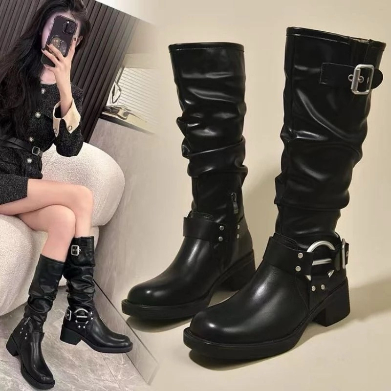 B03 Sepatu Winter Boots Leather Panjang Sebetis Kulit Wanita