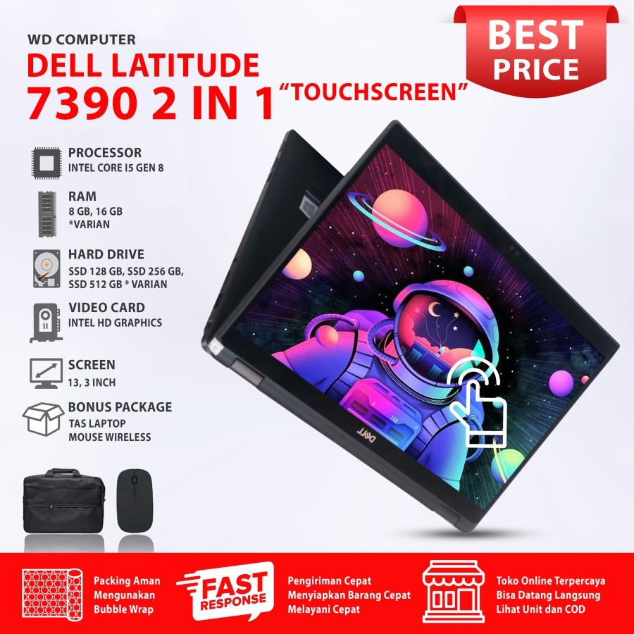 Dell 2 in 1 Touchscreen 7390 Intel Core I5 Gen 8 I Ram 16 Gb Ssd 1 TB NVME I Windows 11 I Mouse Tas